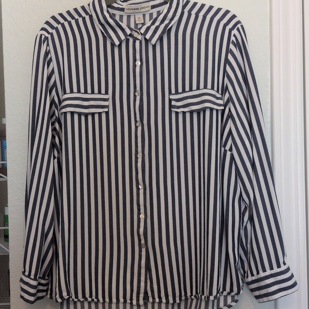 Plus Size Alexander Jordan Navy White Blue Striped Button Down Rayon Top 2X